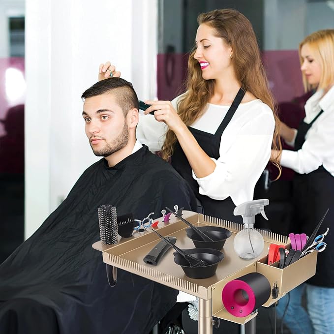 Hair Salon Carts, Champagne Gold Salon Tray for Hair Stylist, Multi-Function Salon Tray, Salon Station(with Wheels), Large Size and Robust,Corrosion-Resistant Adjustable Color Tray.