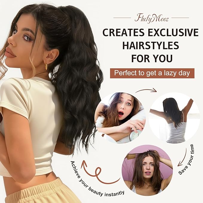 FLUFYMOOZ Wavy Curly Claw Clip Ponytail Extension, 18 Inch Natural Synthetic Hairpiece with Highlights