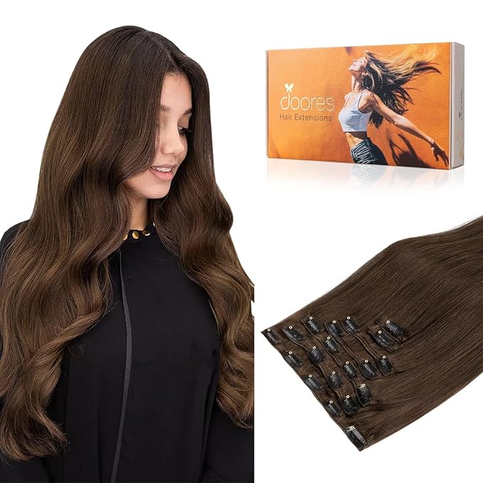 DOORES Hair Extensions Clip in Human Hair, Chocolate Brown 18 Inch 120g 7pcs, Clip in Extensions Straight Natural Thick Weft