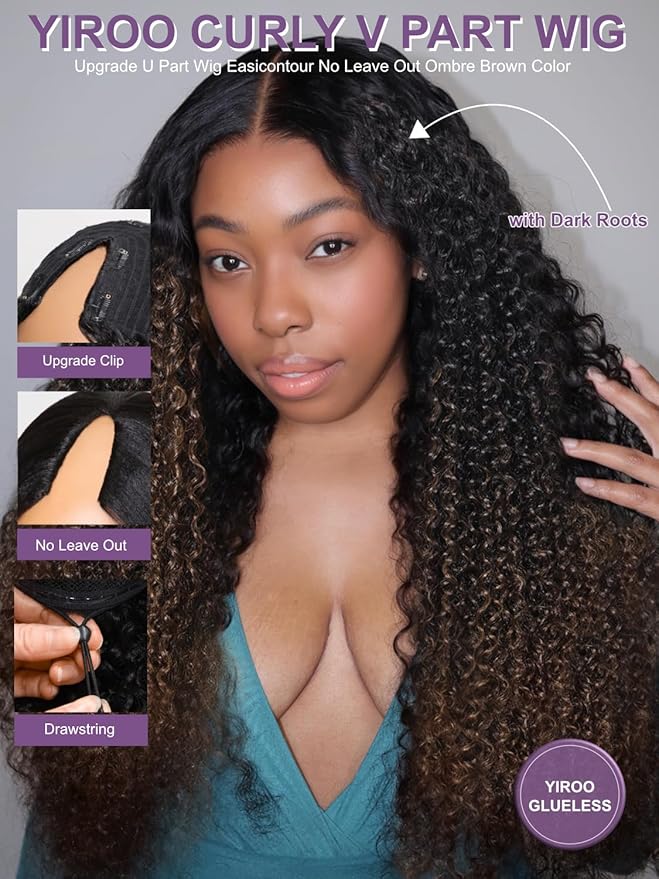 YIROO EasiContour V Part Ombre Brown Human Hair Wig Curly 12A Glueless Upgrade U Part Wig Ombre Black to Chestnut Brown No Leave Out V Shape Clip Wigs Ready to Go 150% Density Beginner Friendly 16Inch