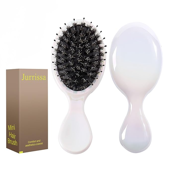 Mini Boar Bristles Hair Bursh, Travel Size Hair Brush for Women Men Kids, Protable Small Hair Brushes for Pockets Purses, Mini Hair Brush for Smooth Add Shine (1 Pack-White)