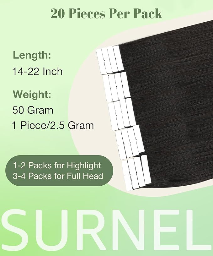 SURNEL Tape in Hair Extensions Human Hair 1B Off Black Remy Tape in Hair Extensions 16 inch 20pcs 50g(#1B-16)