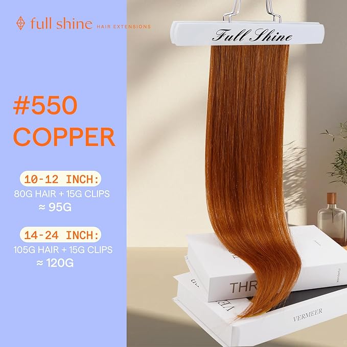 Full Shine Copper Clip in Hair Extensions Human Hair 16 Inch Copper Red Hair Extensions Clip ins for Quince 7 Pcs 120 G