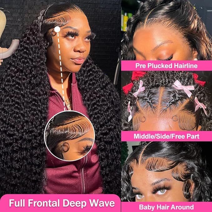 13x6 Deep Wave Lace Front Wigs Human Hair 200% Density HD Lace Front Wigs Human Hair Pre Plucked Natural Color Glueless Wig 100% Virgin Lace Front Wigs for Women（24inch）