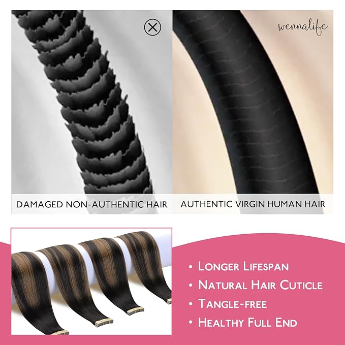 WENNALIFE Tape in Hair Extensions Human Hair Balayage Natural Black to Chestnut Brown Tape in Extensions, 10pcs 20g 10 inch Remy Invisible Tape Ins Straight Soft Real Human Hair Tape in Extensions