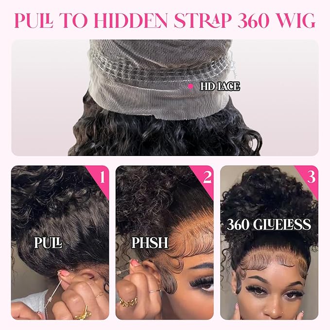 Lace Frontal Wigs 360 Drawstring Wig Human Hair 24 Inch Pre Plucked Hidden Strap 360 Lace Front Wigs Human hair Water Wave 180% Density Curly Wet and Wavy HD 360 Human Hair Wig Full Lace