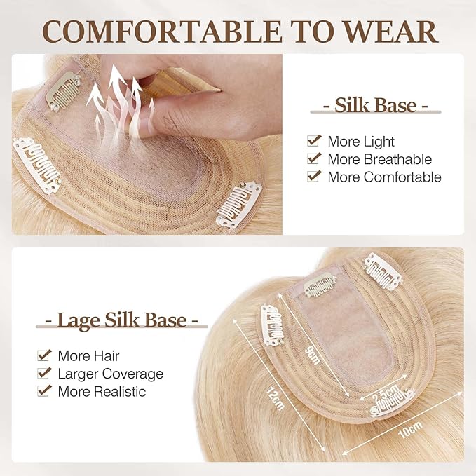 Rich Choices Hair Toppers for Women Real Human Hair 100% Human Remy Toppers NO Bangs with Thinning on Top Clip in Hairpiece 4"x4.7"Lace Base 14 Inch #18P613 Ash Blonde Highlights Bleach Blonde