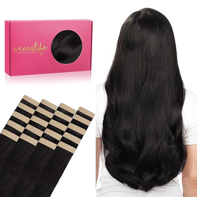 WENNALIFE Tape in Hair Extensions Human Hair, 20pcs 50g 24 inch Natural Black Remy Hair Extensions Straight Human Hair Tape in Extensions Skin Weft Tape Extensions Human Hair