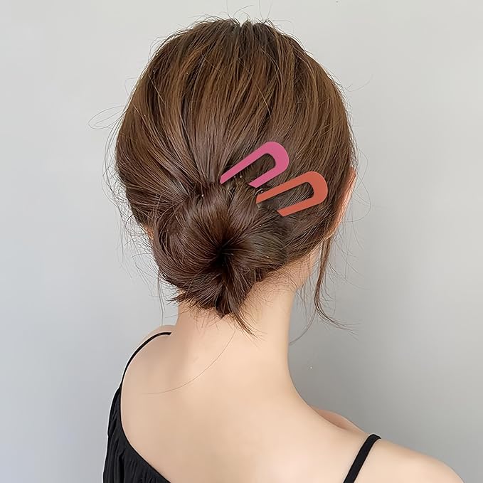 6Pcs Metal French Hair Pins for Women U Shape Sticks 3.9 Inch Vintage Fork for Hairstyle Accessories(Pink/Orange Red/Red)