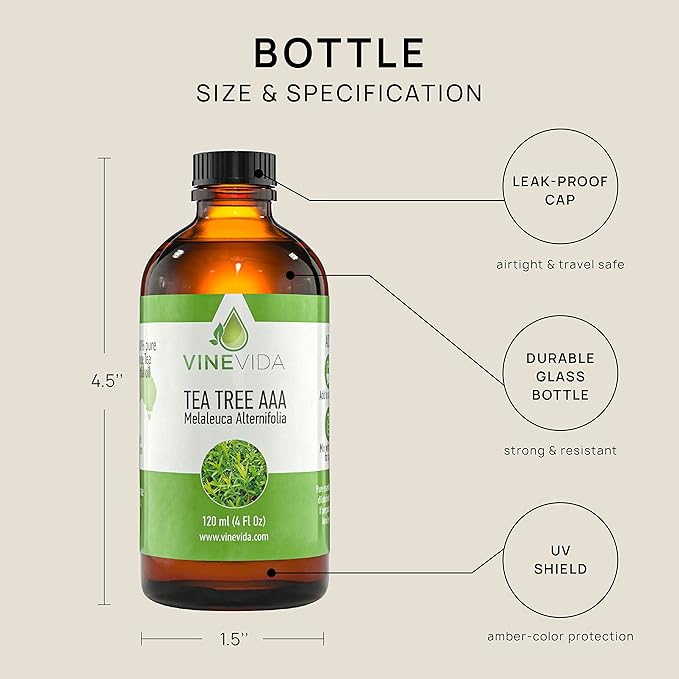 VINEVIDA Tea Tree Essential Oil 4 oz - Undiluted Candle Scent DIY Scents for Candlemaking Bulk Soap Making Safe Skin, 120.0 milliliters
