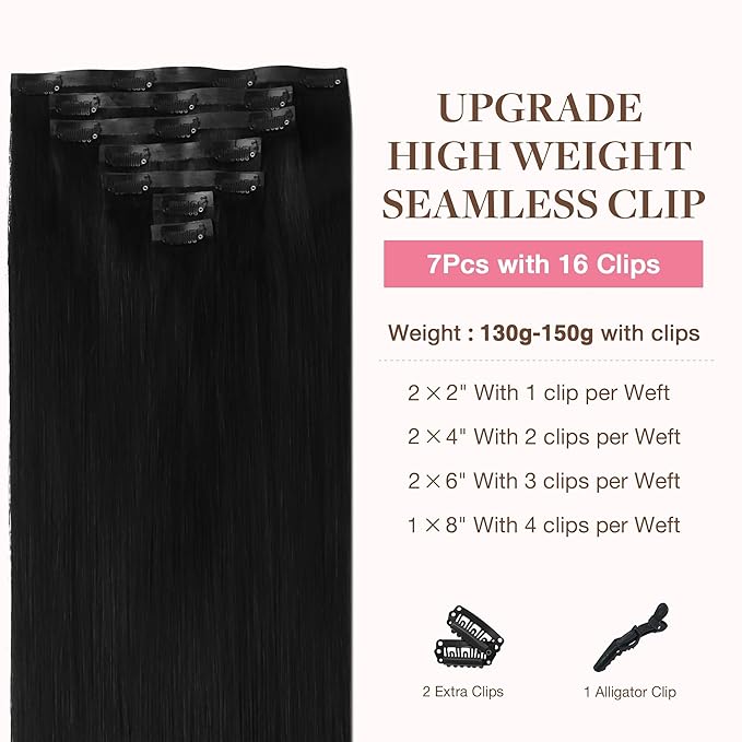 GOO GOO Clip in Hair Extensions Real Human Hair, Remy Human Hair Extensions Clip ins for Women, Natural Human Hair, 18inch 130g 7Pcs, 1 Jet black