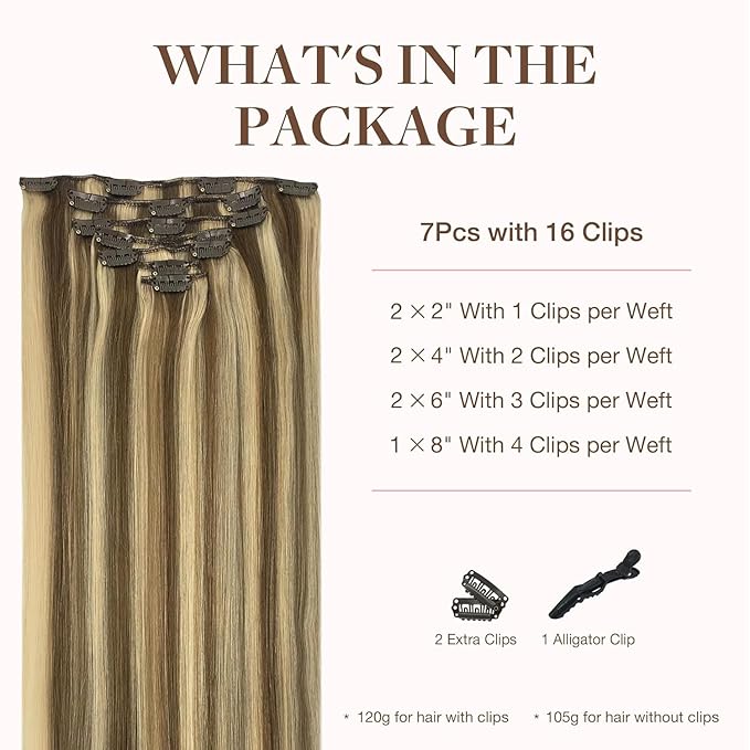 GOO GOO Clip in Hair Extensions Real Human Hair, Remy Human Hair Extensions Clip ins for Women, Natural Human Hair, 20inch 120g 7Pcs, 8A/22 Medium Brown Highlighted Golden Blonde