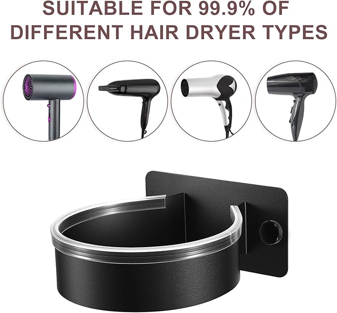 Dryer Holder Wall Mounted, Adhesive Stainless Steel Blow Dryer Stand Hair Tool Hairdryer Storage Organizer Hanger for Bathroom Cabinet Door Barber Shop (Black)