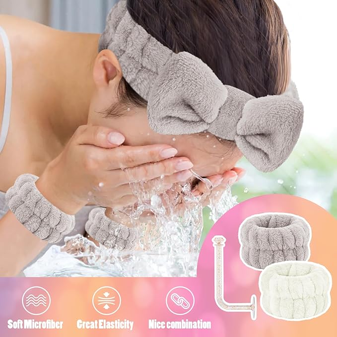 Face Wash Headband and Wristband Set of 2, Wrist Towels for Washing Face with Holder Microfiber Wristbands for Washing Face Absorbent Spa Wristbands Wrist Scrunchies Face Washing Wristbands