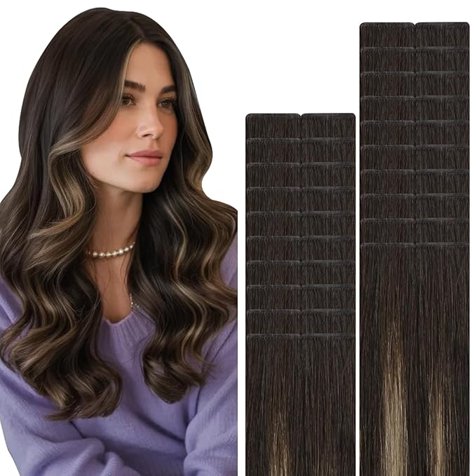VINBAO 55g Invisi Edge Tape in Extensions Human Hair Balayage Darkest Brown to Medium Brown Ombre Injected Tape in Hair Extensions Invisible 20pcs 20inch #2/6/2