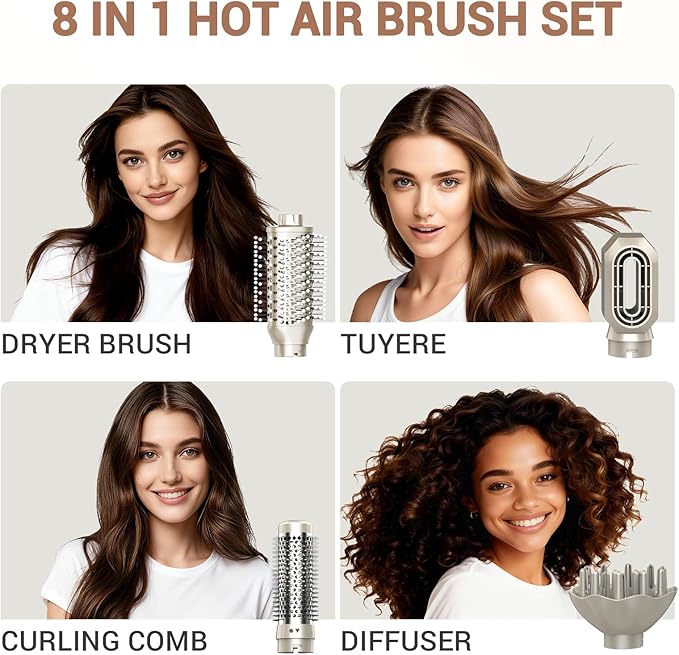 8-in-1 Dual Voltage Hot Air Styler & Hair Dryer Brush with Straightener & Curler Attachments, 110,000 RPM Ionic Fast Drying for Frizz-Free Styling, Includes Travel Bag