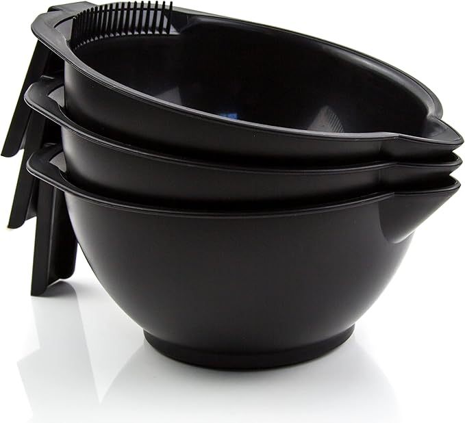 Hair Dye Bowl Set - 3 Black Hair Color Mixing Bowls with Measurements, Pour Spout, Handle & Combed Edge - Reusable Salon Hair Coloring Bowls for Professional or Home Use