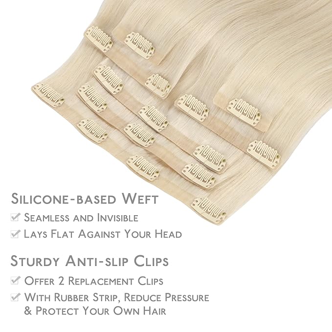 WENNALIFE Seamless Clip In Hair Extensions Human Hair, 22 Inch 150g 7pcs Platinum Blonde Real Hair Extensions Clip in Human Hair Invisible PU Skin Weft Natural Remy Human Hair Extensions