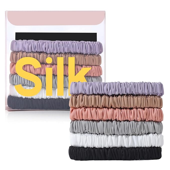 6Pcs Silk Hair Ties Small 22 Momme 100% Pure Mulberry Silk Scrunchies for Women Girls Thin Skinny Hair Sleep Scrunchies No Damage(Color 14)