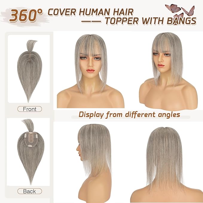 Rich Choices Real Human Hair Toppers for Women With Bang 100% Remy Human Hair Topper for Thinning Hair Clip in Silk Base Hair Topper 10 Inch Salt and Pepper G2 Silver