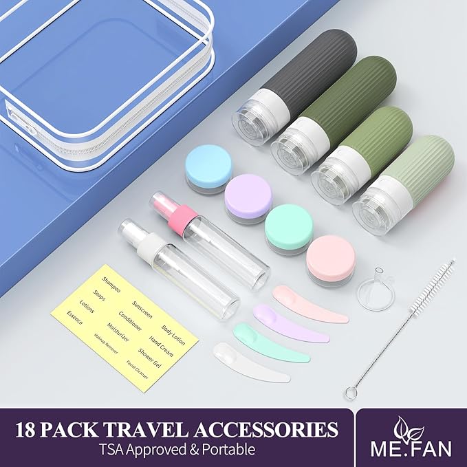 ME.FAN 18 Pack Travel Bottles for Toiletries, TSA Approved Silicone Portable Size Bottle, Refillable Cosmetic Container Kits for Conditioner, Shampoo, Lotion,Face Cream - Desert Sage