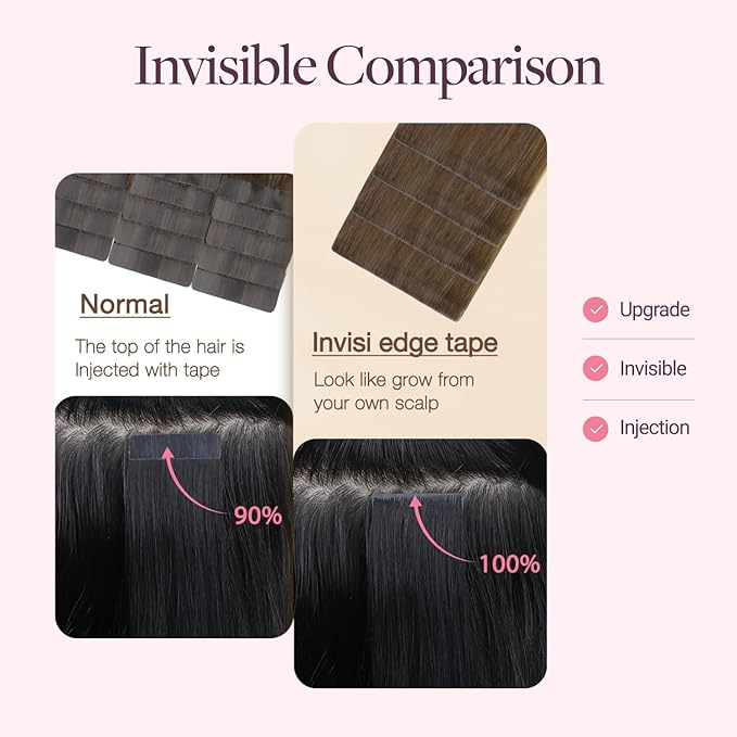GOO GOO Invisi Edge Wide Tape in Hair Extensions, 4/27/4 Balayage Chocolate Brown to Caramel Blonde,4pcs 20inch 20g, Remy Human Hair,Seamless Injected Tape, Natural Look
