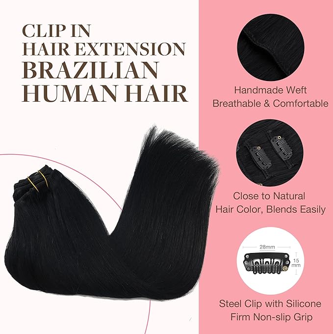 GOO GOO Clip in Hair Extensions Real Human Hair, Remy Human Hair Extensions Clip ins for Women, Natural Human Hair, 24inch 120g 7Pcs, 1 Jet black