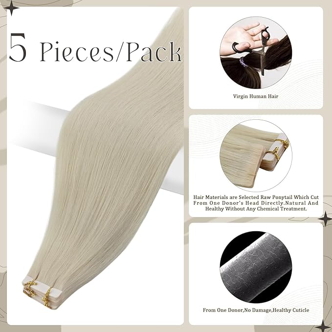 Full Shine Blonde Virgin Injected Tape in Hair Extensions 5Pcs Color 1000 Ice Blonde Seamless Skin Weft Machine Remy Tape in Extensions 24 Inch Hair Extensions Real Human Hair 12.5 Gram for Women