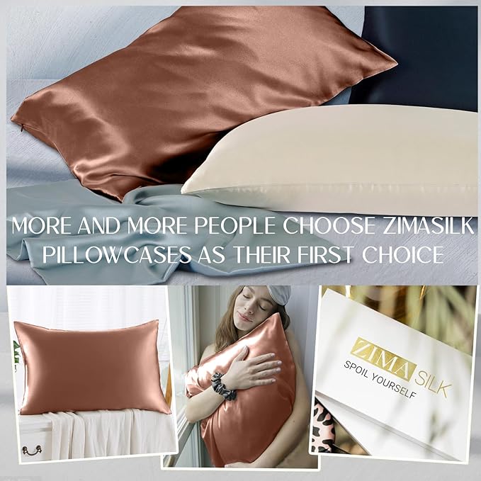 ZIMASILK 100% Pure Mulberry Silk Pillowcase for Hair and Skin Health,Soft and Smooth,Both Sides Premium Grade 6A Silk,600 Thread Count,with Hidden Zipper,1pc (King 20''x36'',Mocha)