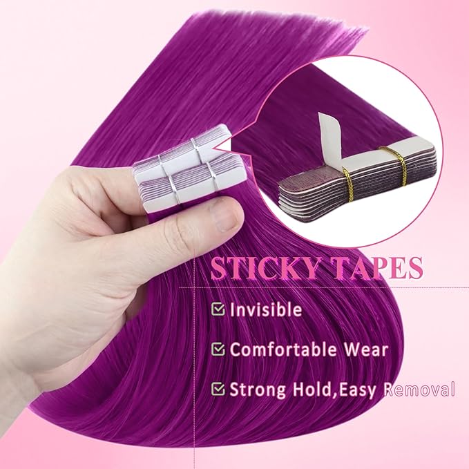 YoungSee Purple Tape in Human Hair Extensions 24 Inch Tape in Extensions Purple 10pcs Invisible Tapes in Hair-Extension Colorful 25g Diy Hair-Extension