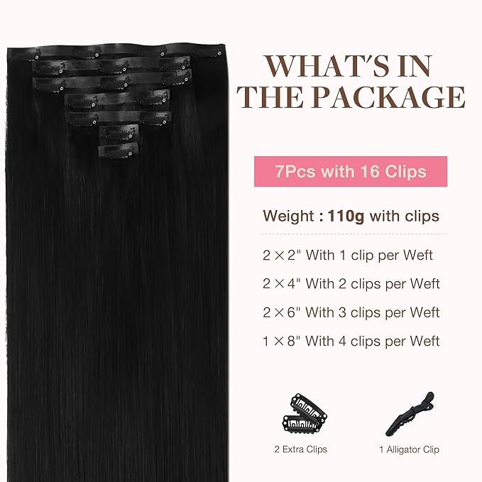 GOO GOO Clip in Hair Extensions Real Human Hair, Remy Human Hair Extensions Clip ins for Women, Natural Human Hair, 14inch 110g 7Pcs, 1 Jet black