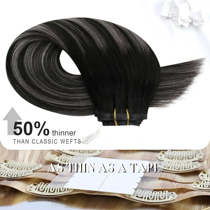 Moresoo Seamless Clip in Hair Extensions Human Hair Black And Grey Silver Ombre Human Hair Extensions Clip ins Long for Women Pure Weft Invisible 120g/7pcs 22 inch