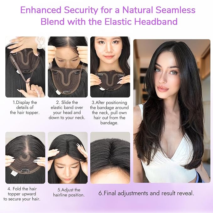 Soft Black Synthetic Hair Toppers for Women with Thinning 3D 360° Cover Clip in Wispy Bangs Upgraded Adjustable Bandage 24 Inch Long Layered