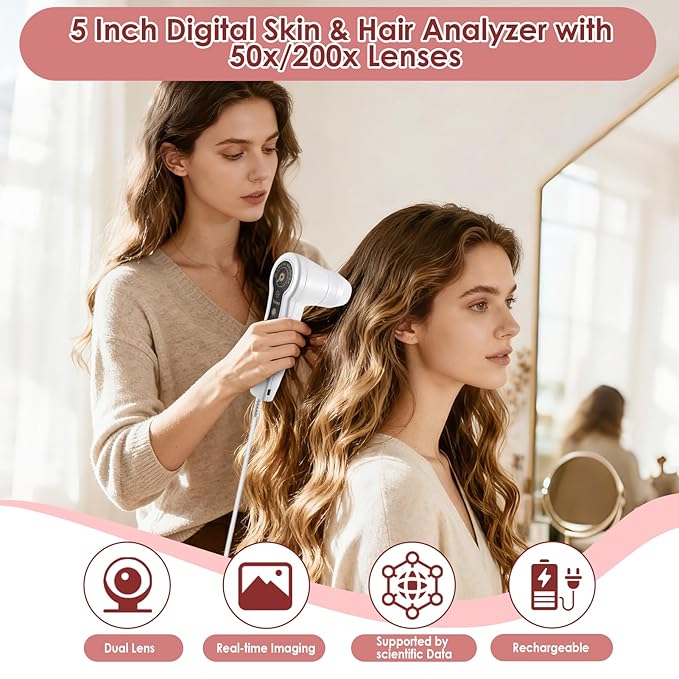 Skin Hair Analyzer, 5 Inch LCD Digital Scalp Detector with 50X/200X Lens, Rechargeable Hair Follicle Scanner for Skin Analysis, Home Salon Use, Portable Dermatoscope Tool