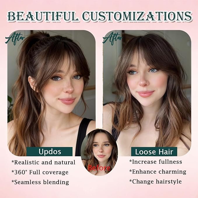 Benehair Clip on Bangs for Women Human Hair, Fake Bangs Human hair, French Bangs Clip in Hair Extensions Hair Pieces with Temples for Daily Wear (Dark Brown)
