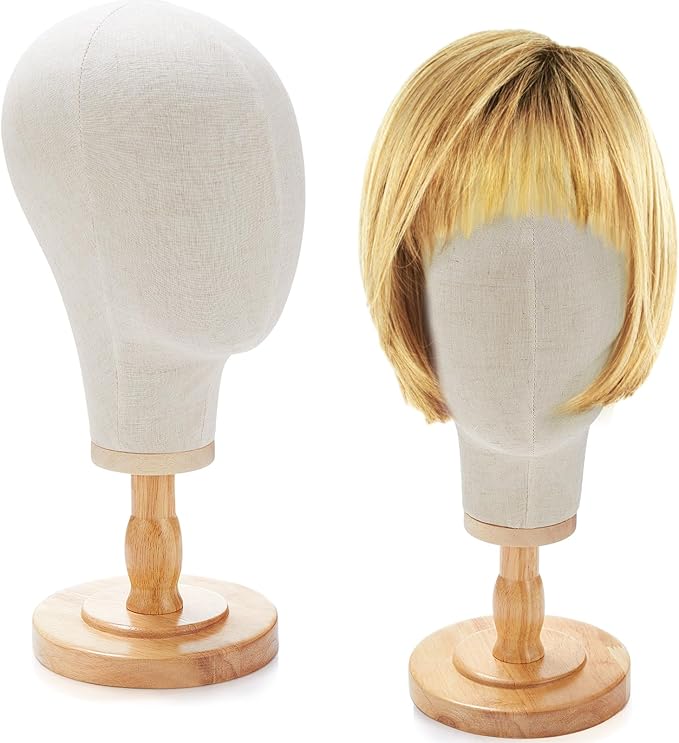 2 Pcs Wig Stand with Head 23 Inch Linen Mannequin Head with Wooden Stand Canvas Mannequin for Hats Wigs Caps Headdress Home Store Hair Salon(Beige)
