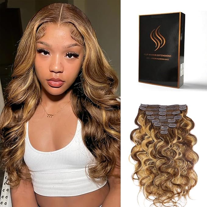 Clip in Hair Extensions Real Human Hair Body Wave #4/27 Chocolate Brown to Honey Blonde 100% Brazilian Remy Human Hair Extensions 8pcs Per Set with 18 Clips Double Weft 18 Inch 80g/3.6oz