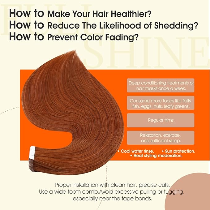 Full Shine Hair Extensions Human Hair Color 550 Copper Tape in Extensions Human Hair 24Inch Remy Seamless Extension 50Gram 20Pcs Natural Straight Skin Weft for Party Brazilian