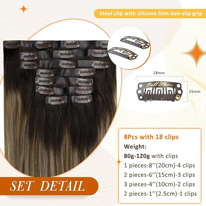 Full Shine Clip in Human Hair Extensions Balayage Dark Brown to Brown Mix Caramel Blonde Clip in Hair Extensions Softness Remy Hair 14 Inch 8 PCS 120 Grams