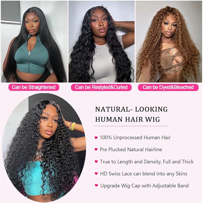 30 Inch 13×6 HD Lace Front Wigs Human Hair Water Wave 200 Density Lace Frontal Wigs Pre Plucked Deep Curly Human Hair Wig for Women Natural Black