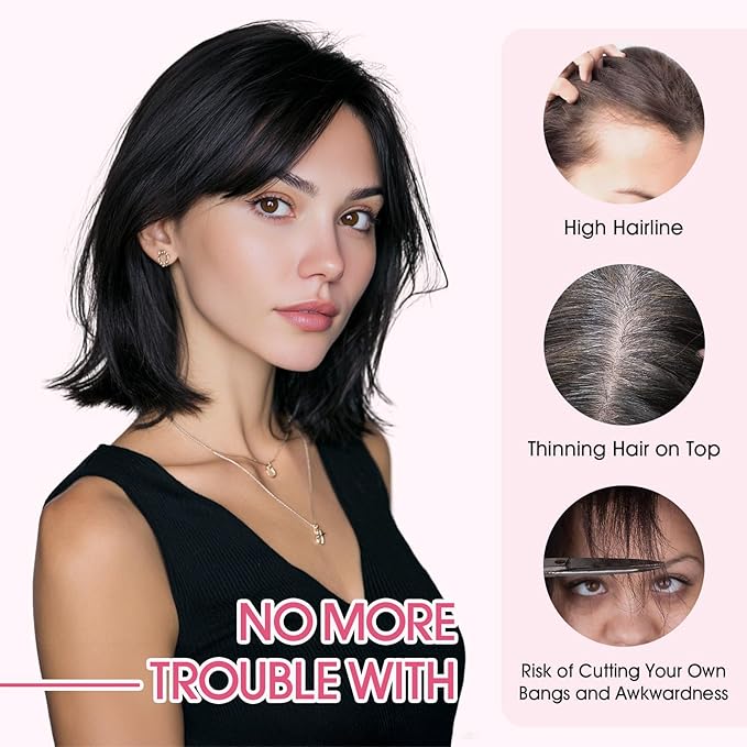 Hairro Human Hair Toppers with Side Bangs, 3D 360° Seamless Real Hair Toppers, Hand-Tied with 3.5"x4.7" T-shaped Base, Clip-In Hairpieces to Add Volume on Top, 11 Inch Natural Black