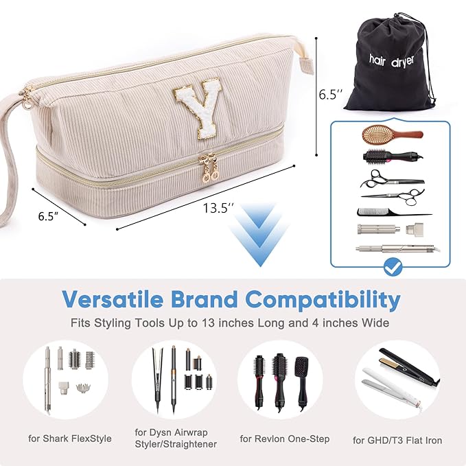 Initial Personalized Hair Dryer Case, Double-Layer Hair Tools Travel Carrying Case for Shark FlexStyle, Dyson Airwrap, and Supersonic Hair Dryer Attachments
