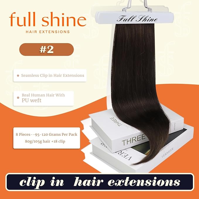 Full Shine Human Hair Clip in Extensions Dark Brown 24 Inch Seamless Clip in Hair Extension Real Human Hair Straight PU Invisible Hair Extensions Human Hair Full Head 8 Pcs 120 Grams
