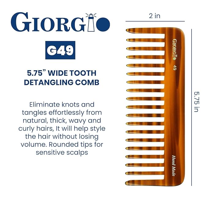 Giorgio G49 Large 5.75 Inch Detangling Comb, Wide Teeth for Thick Curly Wavy Hair. Long Hair Detangler Comb For Wet and Dry. Handmade of Quality Cellulose, Saw-Cut, Hand Polished, Tortoise Shell