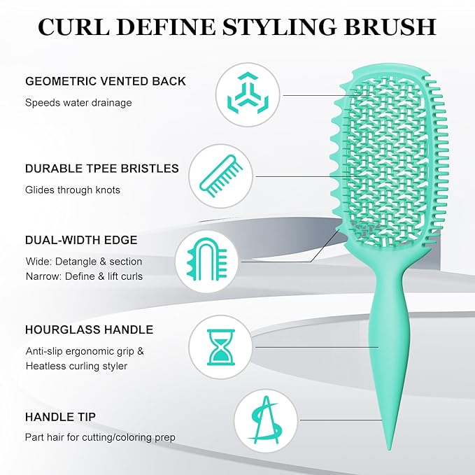 Curl Defining Brush for Thick Coily Hair, Firm-Bristle TPEE Detangling Brush for Coarse 4A–4C Curls, Dual-Sided Wide & Narrow Tooth Brush for Wet & Dry Curl Shaping– Women & Men (Aqua Mint)