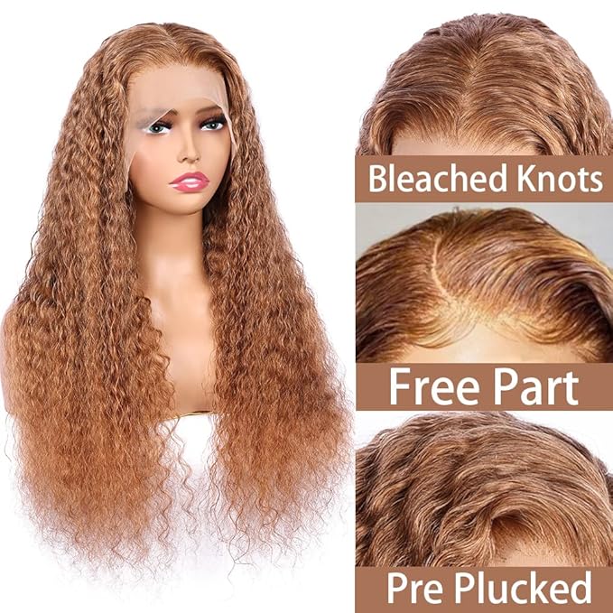 Brown Deep Curly Wave Human Hair Lace Front Wigs with Baby Hair for Black Women Pre Plucked 180% Density Brazilian Virgin Hair HD Transparent Lace Frontal Wig 20 Inch