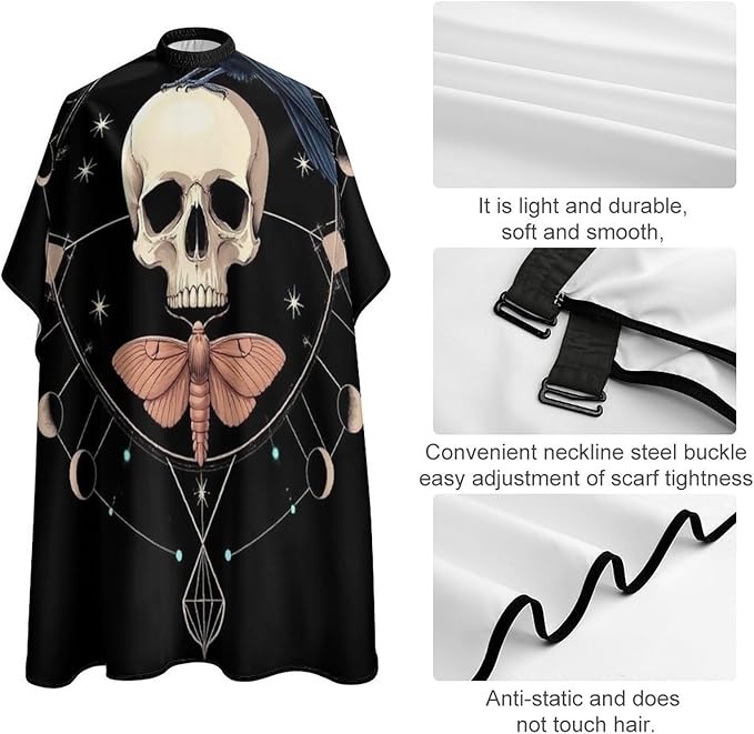 Large Size Salon Barber Cape, Black Raven Moon Skull Professional Hair Cutting Cape for Men Women
