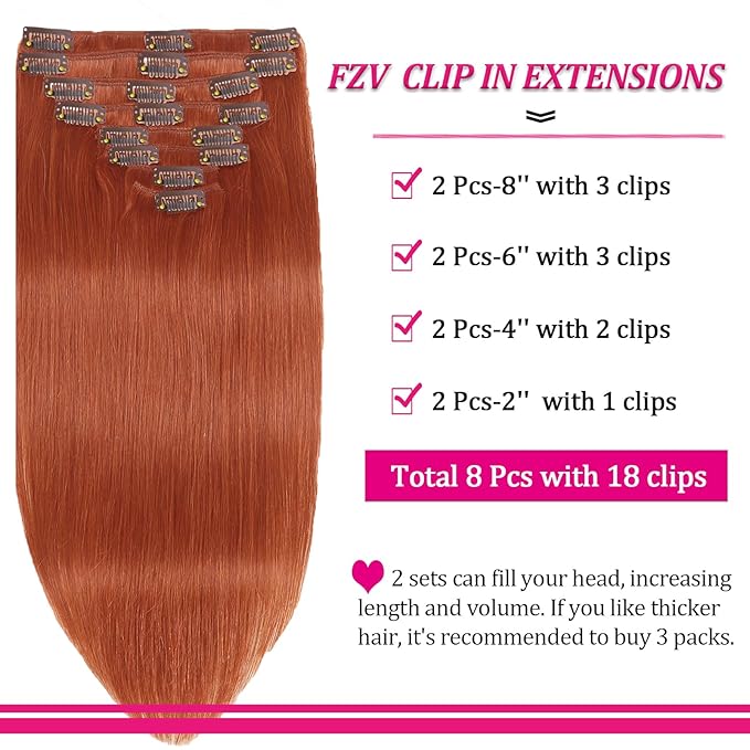 20 Inch 120g Copper Clip in Hair Extensions Real Human Hair, 8pcs Double Weft Hair Extensions Smooth Human Hair Kinky Straight Clip ins for Women Easy Application