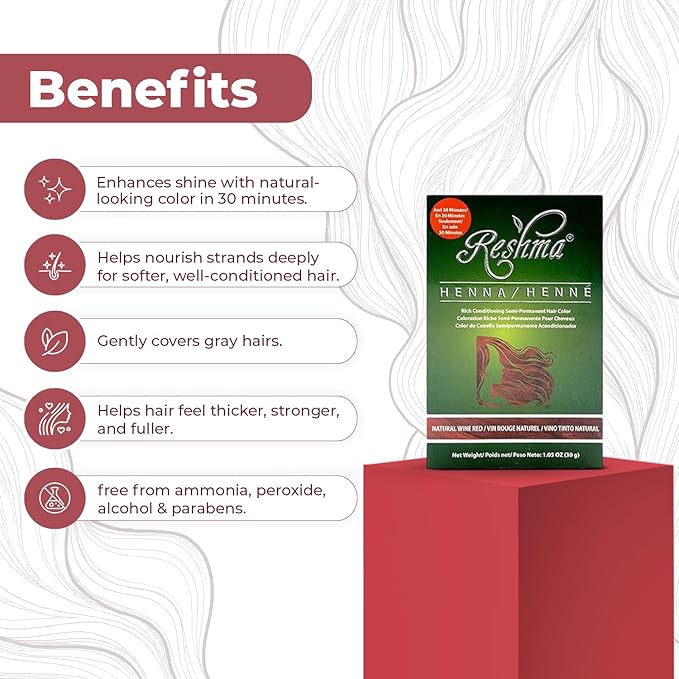 Reshma Beauty 30 Minute Henna Hair Color Infused with Organic Henna Lawsonia Inermis 100% Gray Coverage for Soft, Shiny Hair, Plant-Based Hair Dye—1.05 oz Pack of 1 (Wine Red)