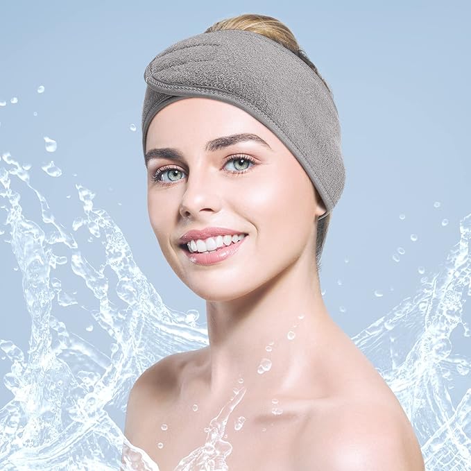 Hoteam 30 Pack Spa Headband Facial Esthetician Hair Wrap for Women Adjustable Makeup Sports Shower Stretch Towel with Tape(Gray)